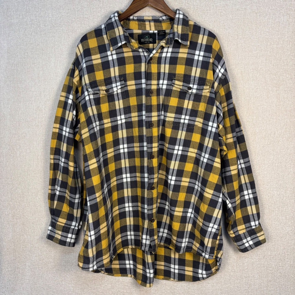 Redhead Mens 3XL Yellow Black Plaid Flannel Button Down Shirt 100% Cotton